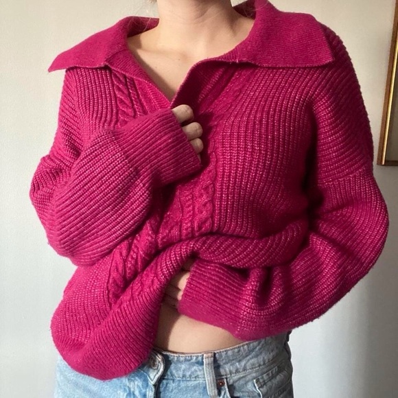 Pink Cable Knit Collared V-Neck Sweater (XL) - Picture 2 of 11